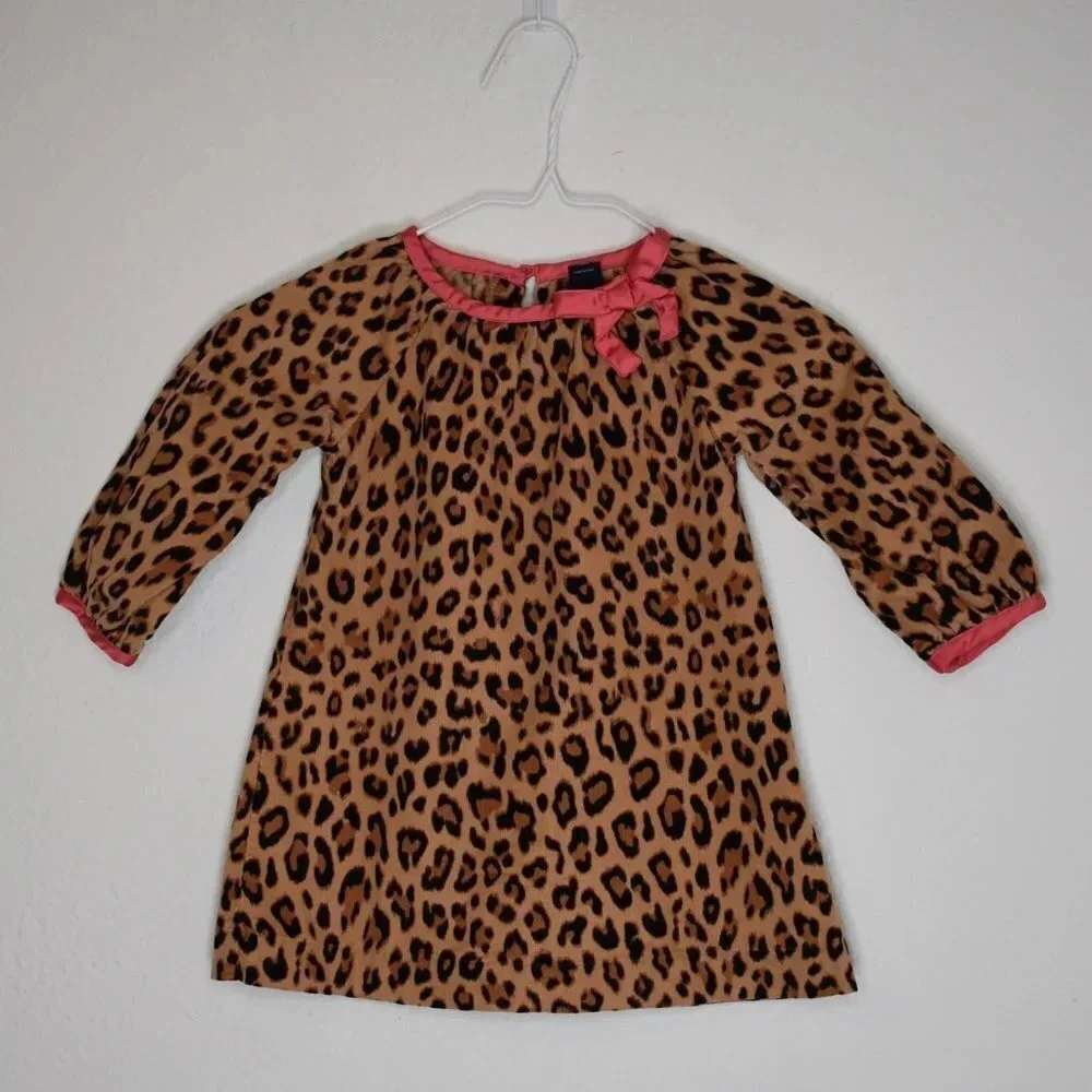 Baby Gap Corduroy Leopard Dress Sz 2T Bow 100% Cotton Animal Cheetah